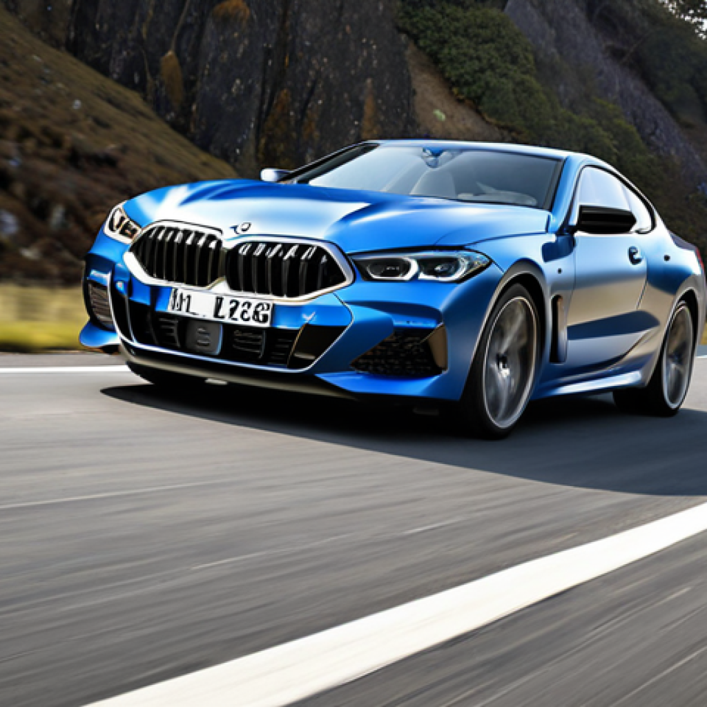**

A sleek, low-slung BMW 8 Series M package in motion on a winding road. Focus on its sharp lines, laser headlights illuminating the road ahead, and the aggressive design of the kidney grilles. Capture the feeling of sporty elegance and dynamic performance.

**