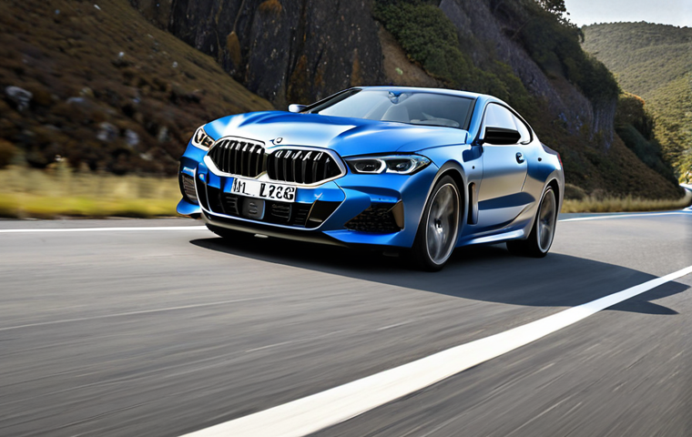 **
A sleek, low-slung BMW 8 Series M package in motion on a winding road. Focus on its sharp lines, laser headlights illuminating the road ahead, and the aggressive design of the kidney grilles. Capture the feeling of sporty elegance and dynamic performance.
**